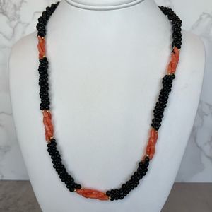 Vintage Black Bead and Faux Coral Necklace
